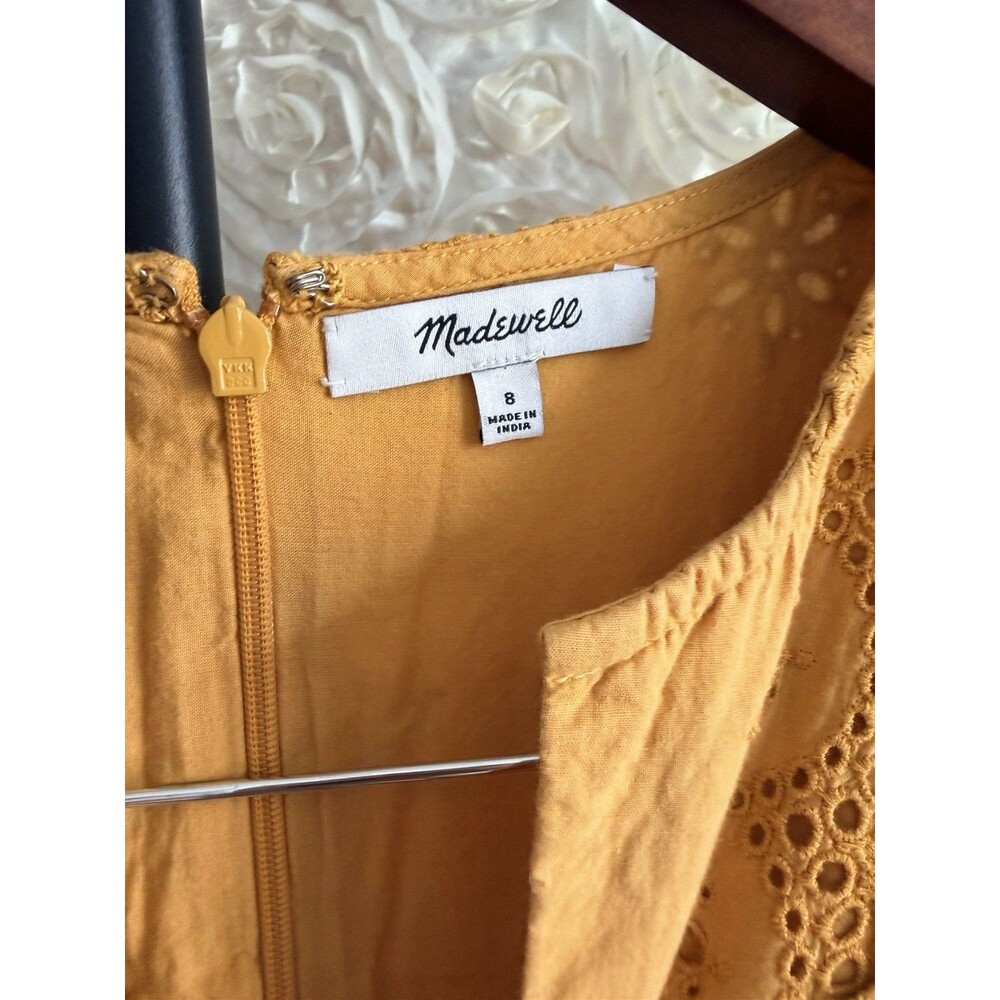 Madewell Scalloped Eyelet Midi Dress Mustard Yellow V-Neck Size 8 Made in India - Picture 3 of 8